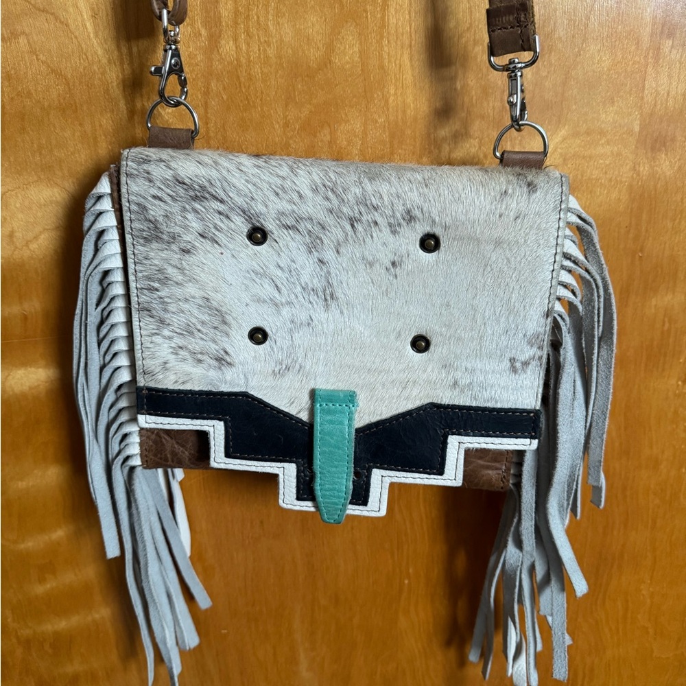 Pure Dixie leather fur fringe crossbody bag with bow brown white turquoise